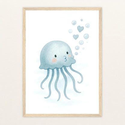 Quinn die Qualle - Motiv: "Luftblasen" Poster mit Holzrahmen von tinylearner