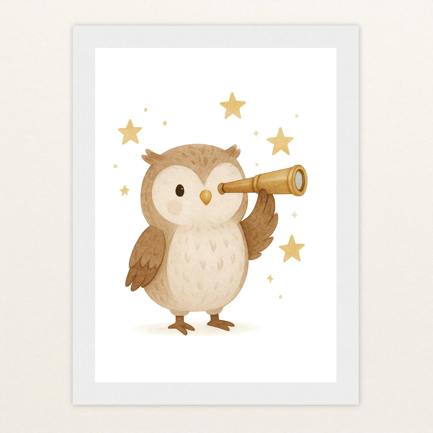 Emmi die Eule - Motiv: "Fernglas" Poster mit Holzrahmen von tinylearner