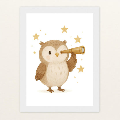 Emmi die Eule - Motiv: "Fernglas" Poster mit Holzrahmen von tinylearner