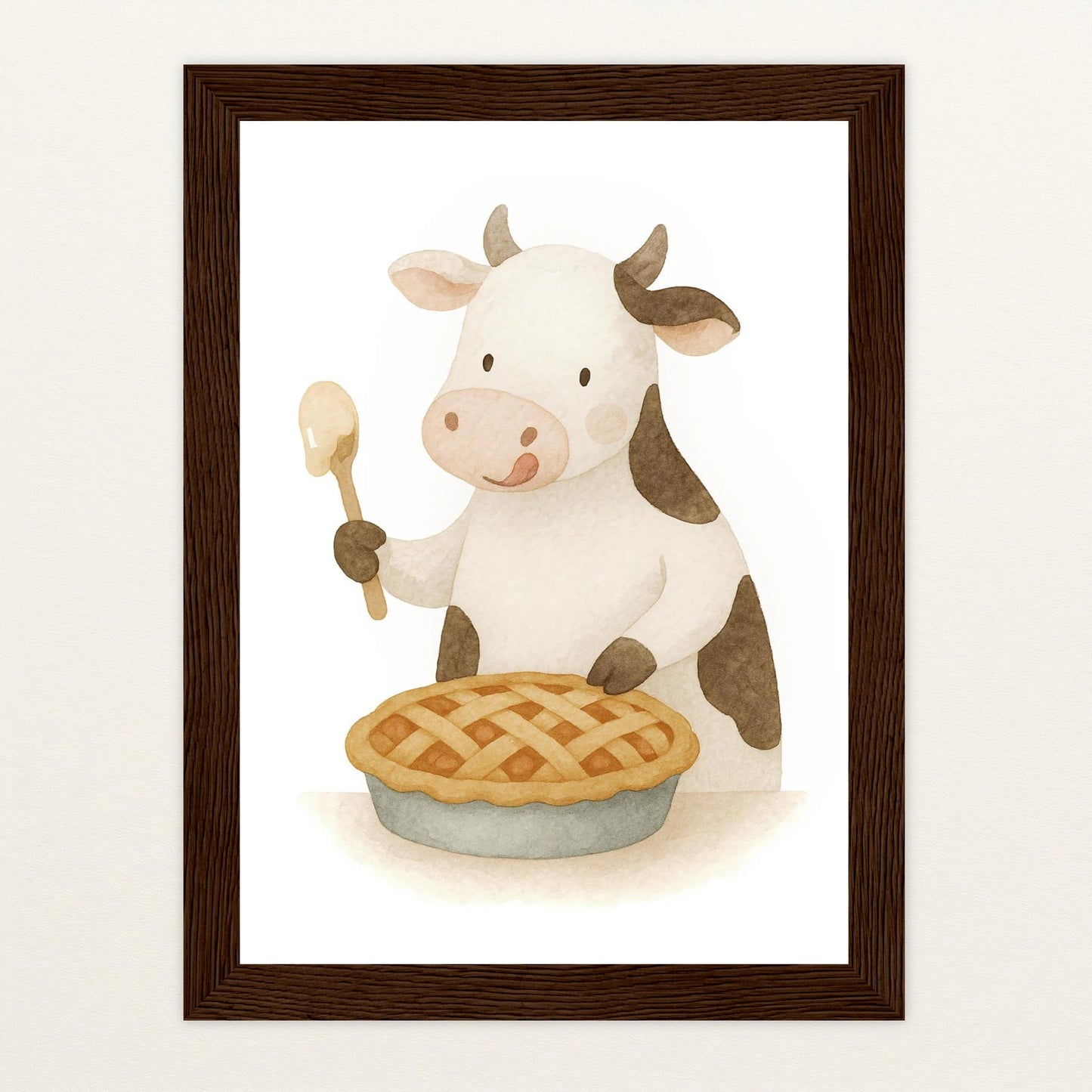 Klara die Kuh - Motiv: "Kuchen" Poster mit Holzrahmen von tinylearner