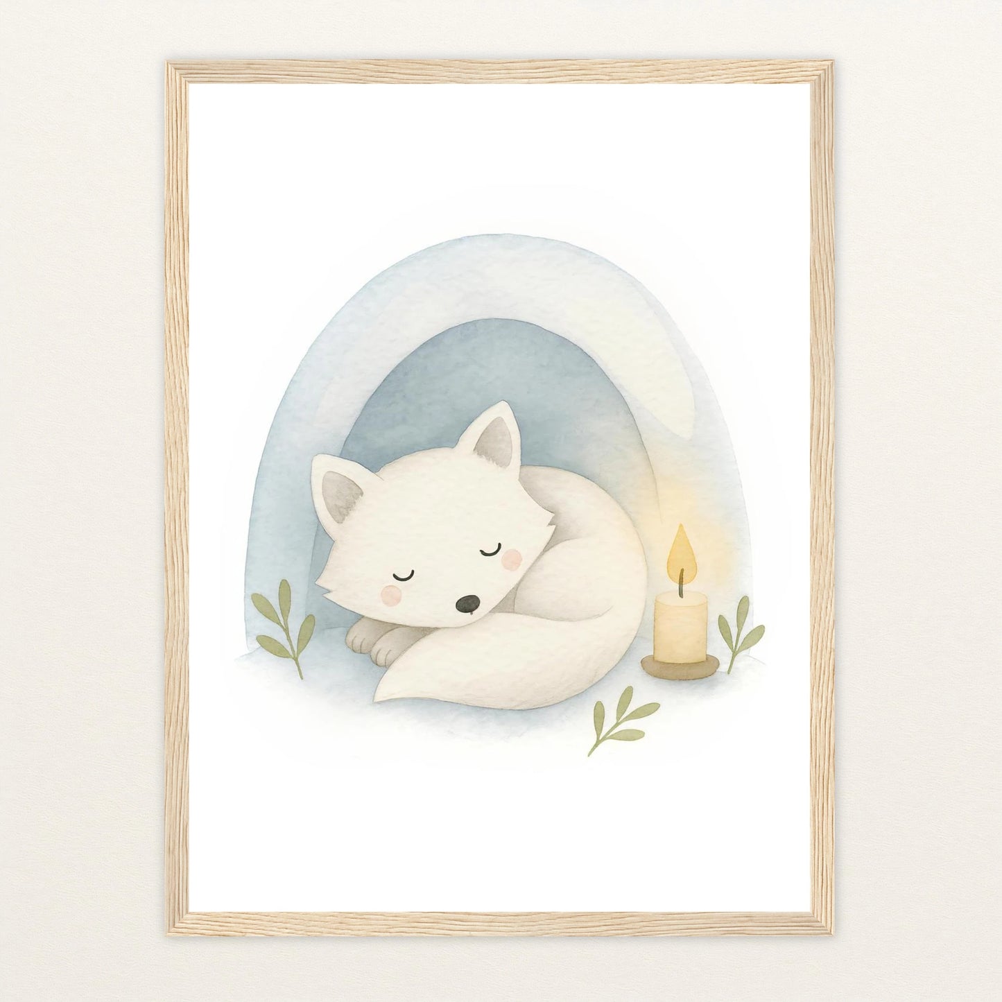 Pino der Polarfuchs - Motiv: "Schneehöhle" Poster mit Holzrahmen von tinylearner