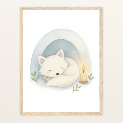 Pino der Polarfuchs - Motiv: "Schneehöhle" Poster mit Holzrahmen von tinylearner