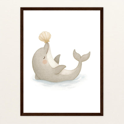 Dora der Delfin - Motiv: "Muschel" Poster mit Holzrahmen von tinylearner