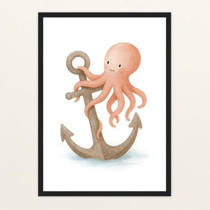 Tilli der Tintenfisch - Motiv: "Anker" Poster mit Holzrahmen von tinylearner