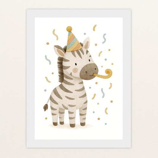 Zinni das Zebra - Motiv: "Party" Poster mit Holzrahmen von tinylearner