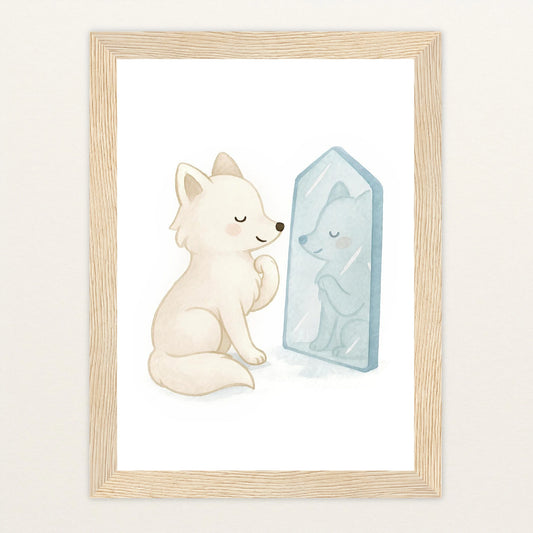Pino der Polarfuchs - Motiv: "Spiegel" Poster mit Holzrahmen von tinylearner