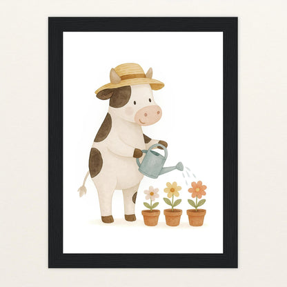 Klara die Kuh - Motiv: "Blumengießen" Poster mit Holzrahmen von tinylearner