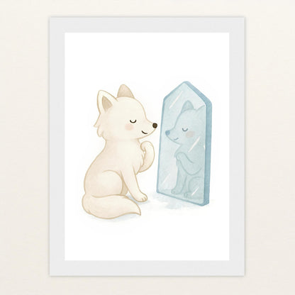 Pino der Polarfuchs - Motiv: "Spiegel" Poster mit Holzrahmen von tinylearner