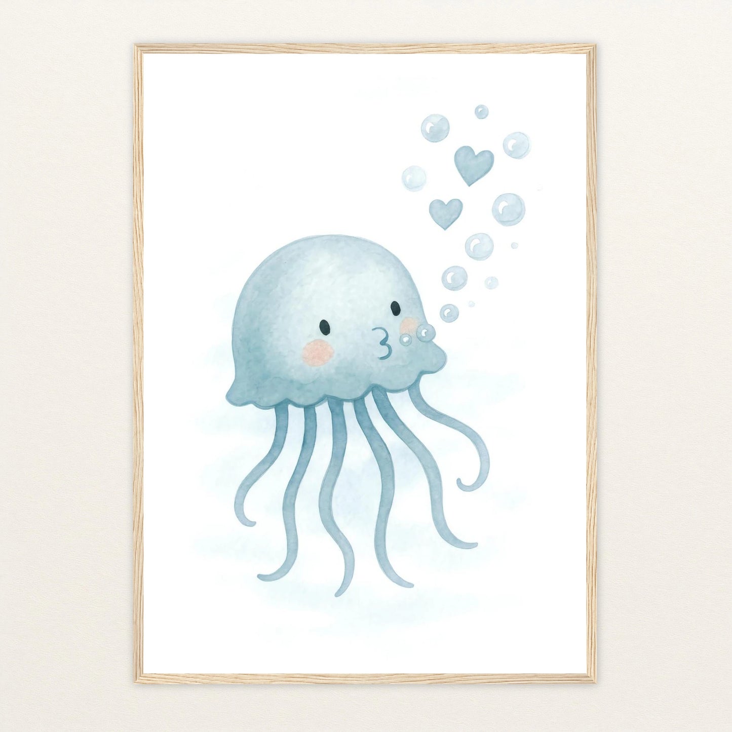 Quinn die Qualle - Motiv: "Luftblasen" Poster mit Holzrahmen von tinylearner