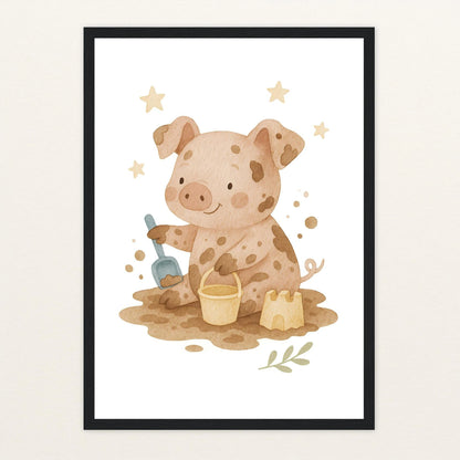 Susi das Schwein - Motiv: "Sandkasten" Poster mit Holzrahmen von tinylearner
