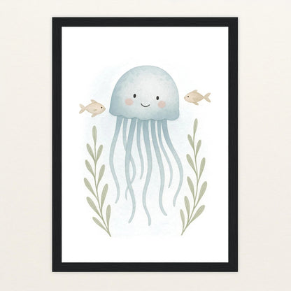 Quinn die Qualle Poster mit Holzrahmen von tinylearner