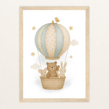 Tierfreunde - Motiv: "Heißluftballon" Poster mit Holzrahmen von tinylearner