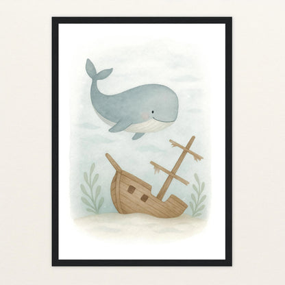 Willi der Wal - Motiv: "Schiffswrack" Poster mit Holzrahmen von tinylearner