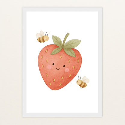 Obst: Erdbeere Poster mit Holzrahmen von tinylearner