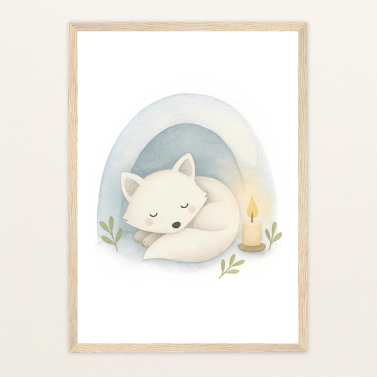 Pino der Polarfuchs - Motiv: "Schneehöhle" Poster mit Holzrahmen von tinylearner