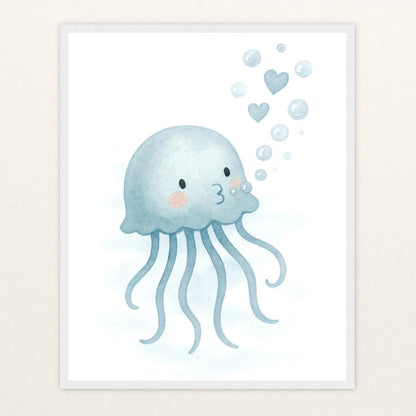 Quinn die Qualle - Motiv: "Luftblasen" Poster mit Holzrahmen von tinylearner