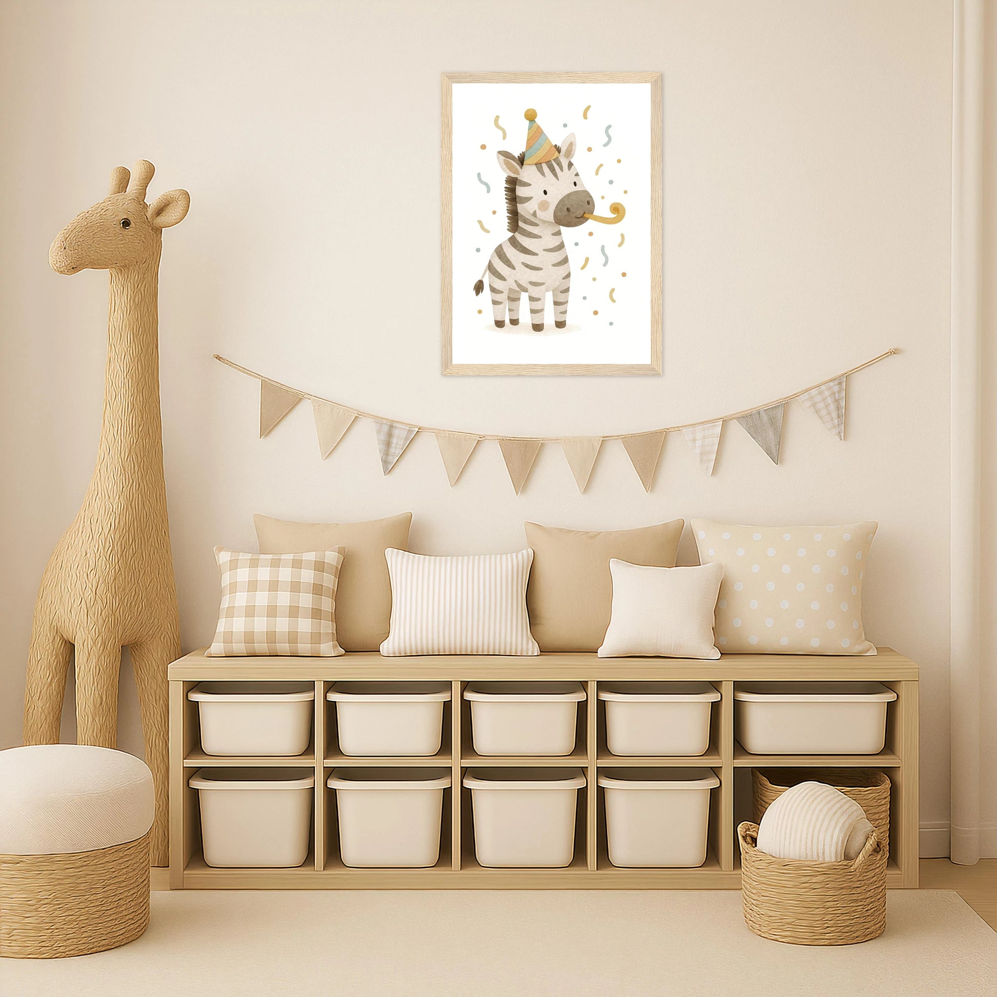 Zinni das Zebra - Motiv: "Party" Poster mit Holzrahmen von tinylearner