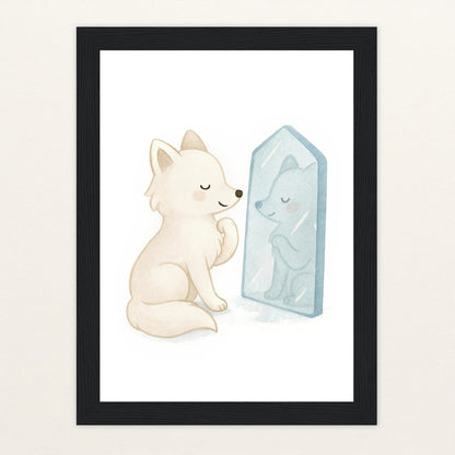 Pino der Polarfuchs - Motiv: "Spiegel" Poster mit Holzrahmen von tinylearner