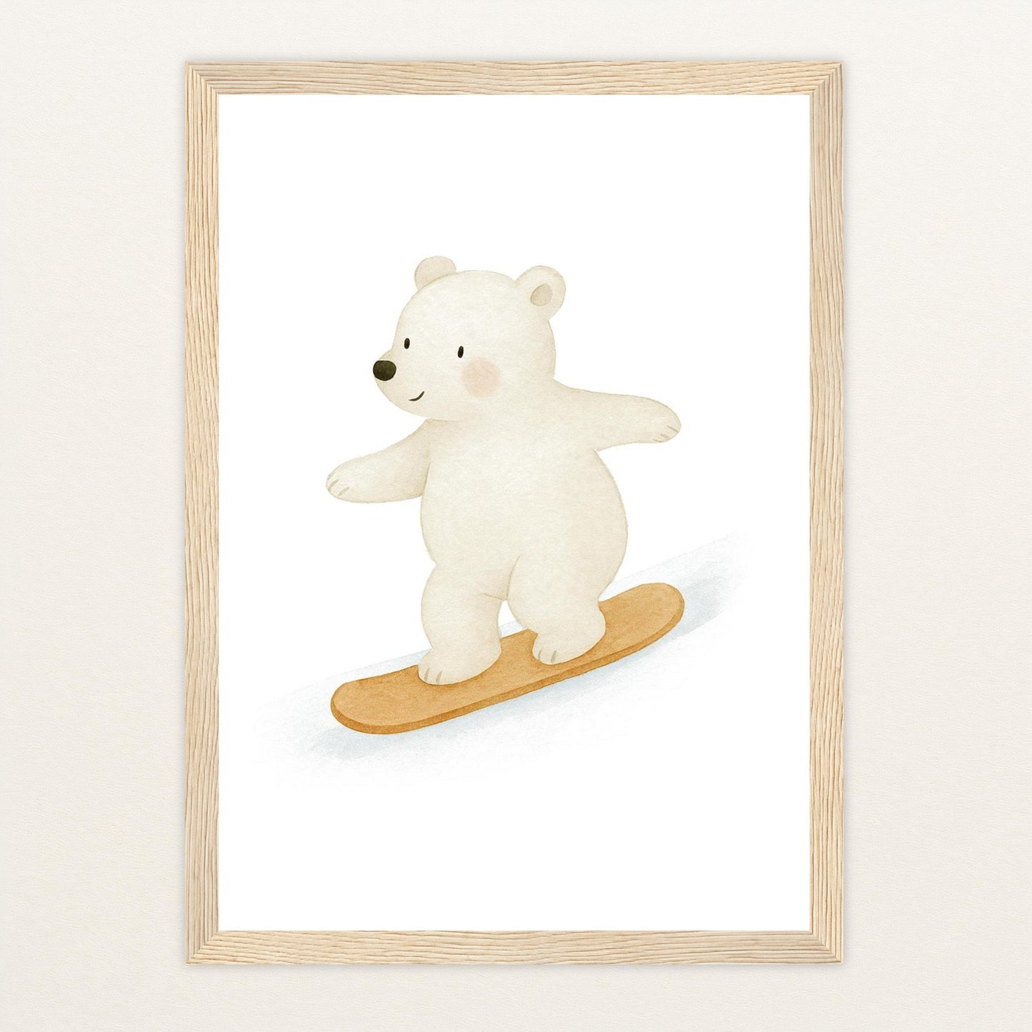 Pummel der Polarbär - Motiv: "Snowboard" Poster mit Holzrahmen von tinylearner