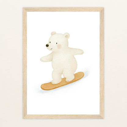 Pummel der Polarbär - Motiv: "Snowboard" Poster mit Holzrahmen von tinylearner