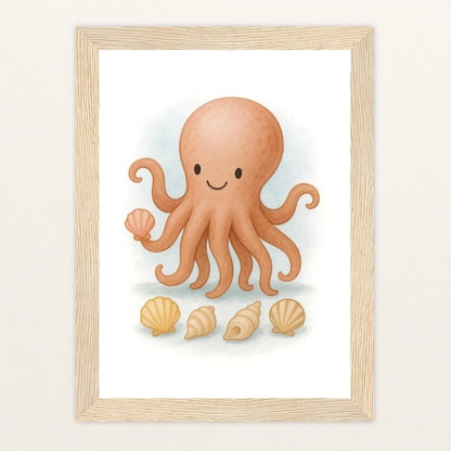Tilli der Tintenfisch - Motiv: "Muscheln" Poster mit Holzrahmen von tinylearner