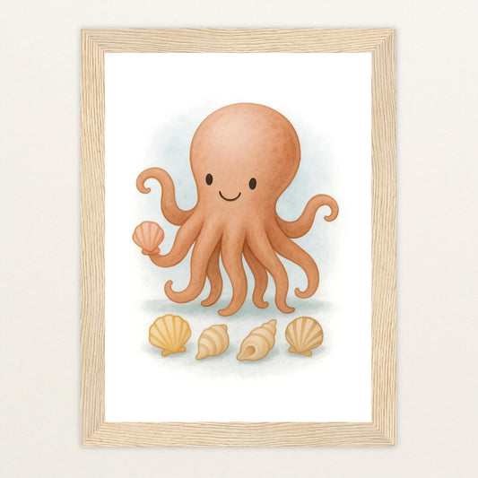 Tilli der Tintenfisch - Motiv: "Muscheln" Poster mit Holzrahmen von tinylearner
