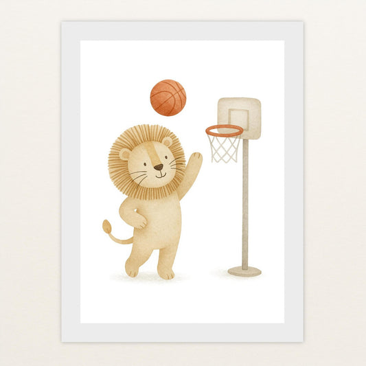 Leo der Löwe - Motiv: "Basketball" Poster mit Holzrahmen von tinylearner