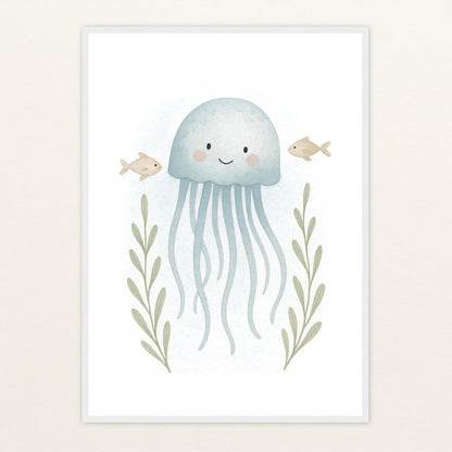 Quinn die Qualle Poster mit Holzrahmen von tinylearner