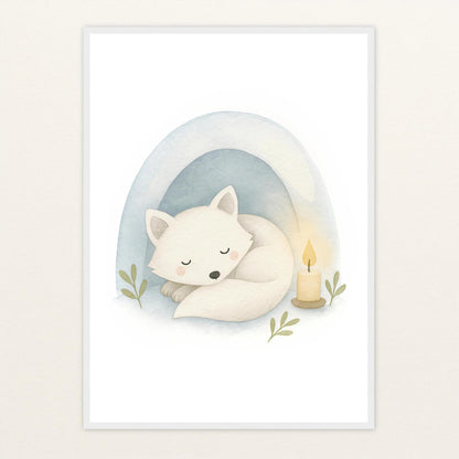 Pino der Polarfuchs - Motiv: "Schneehöhle" Poster mit Holzrahmen von tinylearner