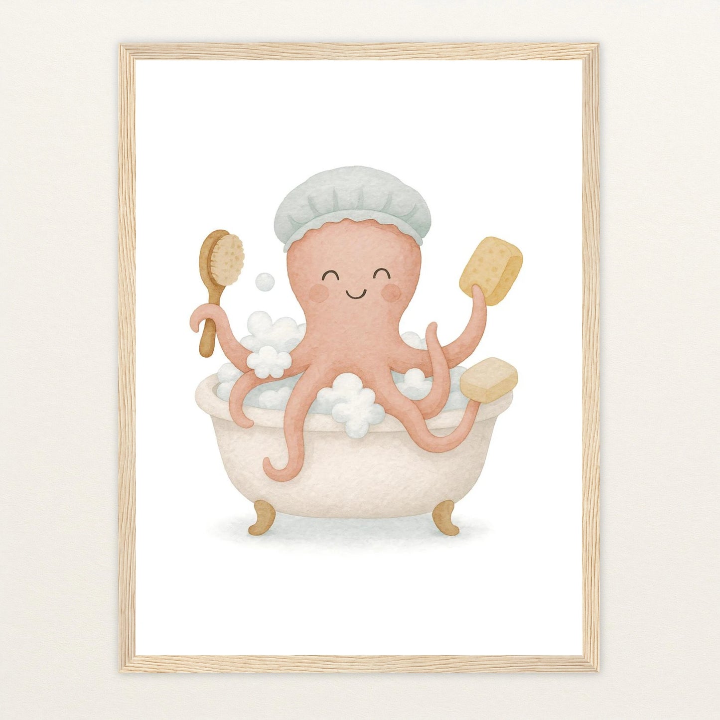 Tilli der Tintenfisch - Motiv: "Baden" Poster mit Holzrahmen von tinylearner