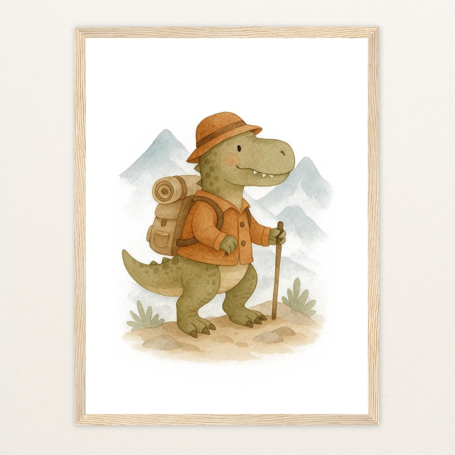 Dinosaurier T-Rex - Motiv: "Wandern" Poster mit Holzrahmen von tinylearner