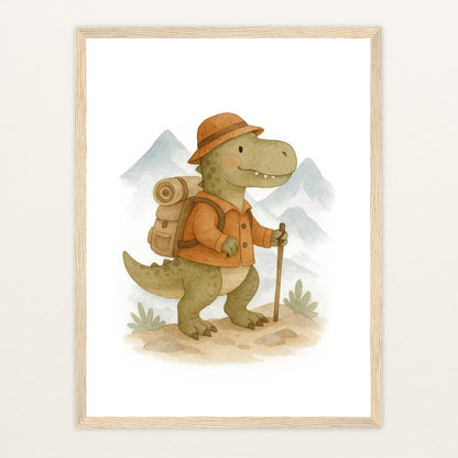 Dinosaurier T-Rex - Motiv: "Wandern" Poster mit Holzrahmen von tinylearner