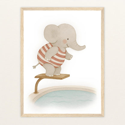 Emil der Elefant - Motiv: "Pool" Poster mit Holzrahmen von tinylearner
