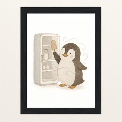 Pia der Pinguin - Motiv: "Eis" Poster mit Holzrahmen von tinylearner