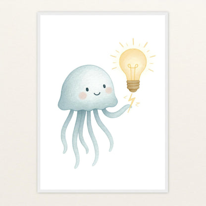 Quinn die Qualle - Motiv: "Glühbirne" Poster mit Holzrahmen von tinylearner