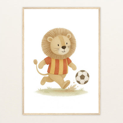 Leo der Löwe - Motiv: "Fußball" Poster mit Holzrahmen von tinylearner