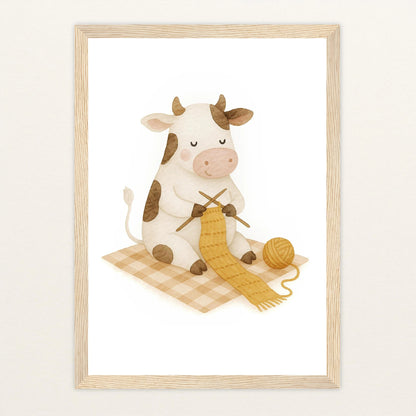 Klara die Kuh - Motiv: "Häkeln" Poster mit Holzrahmen von tinylearner