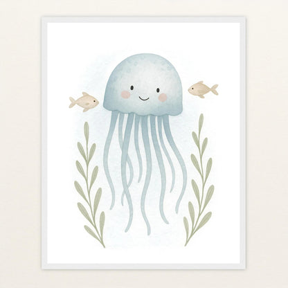 Quinn die Qualle Poster mit Holzrahmen von tinylearner