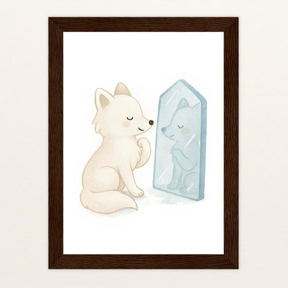 Pino der Polarfuchs - Motiv: "Spiegel" Poster mit Holzrahmen von tinylearner