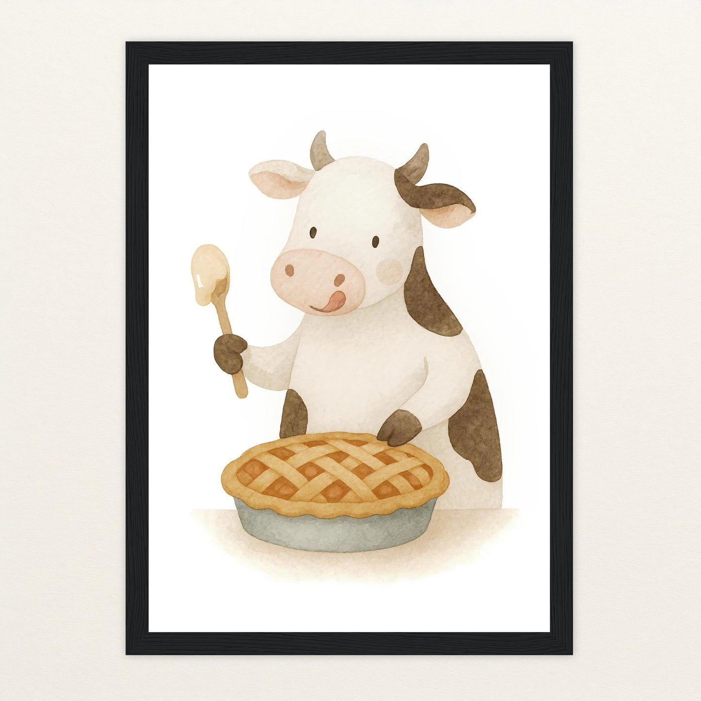 Klara die Kuh - Motiv: "Kuchen" Poster mit Holzrahmen von tinylearner