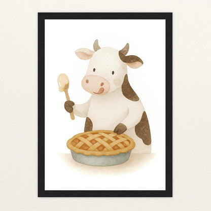Klara die Kuh - Motiv: "Kuchen" Poster mit Holzrahmen von tinylearner