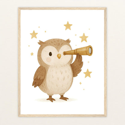 Emmi die Eule - Motiv: "Fernglas" Poster mit Holzrahmen von tinylearner