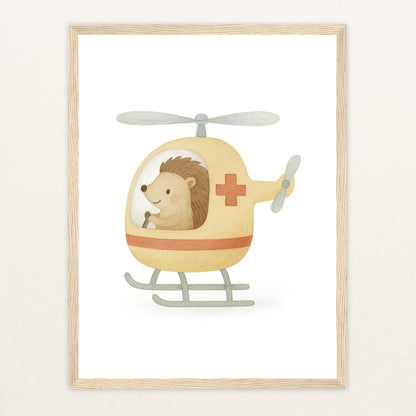 Iggi der Igel - Motiv: "Rettungshubschrauber" Poster mit Holzrahmen von tinylearner