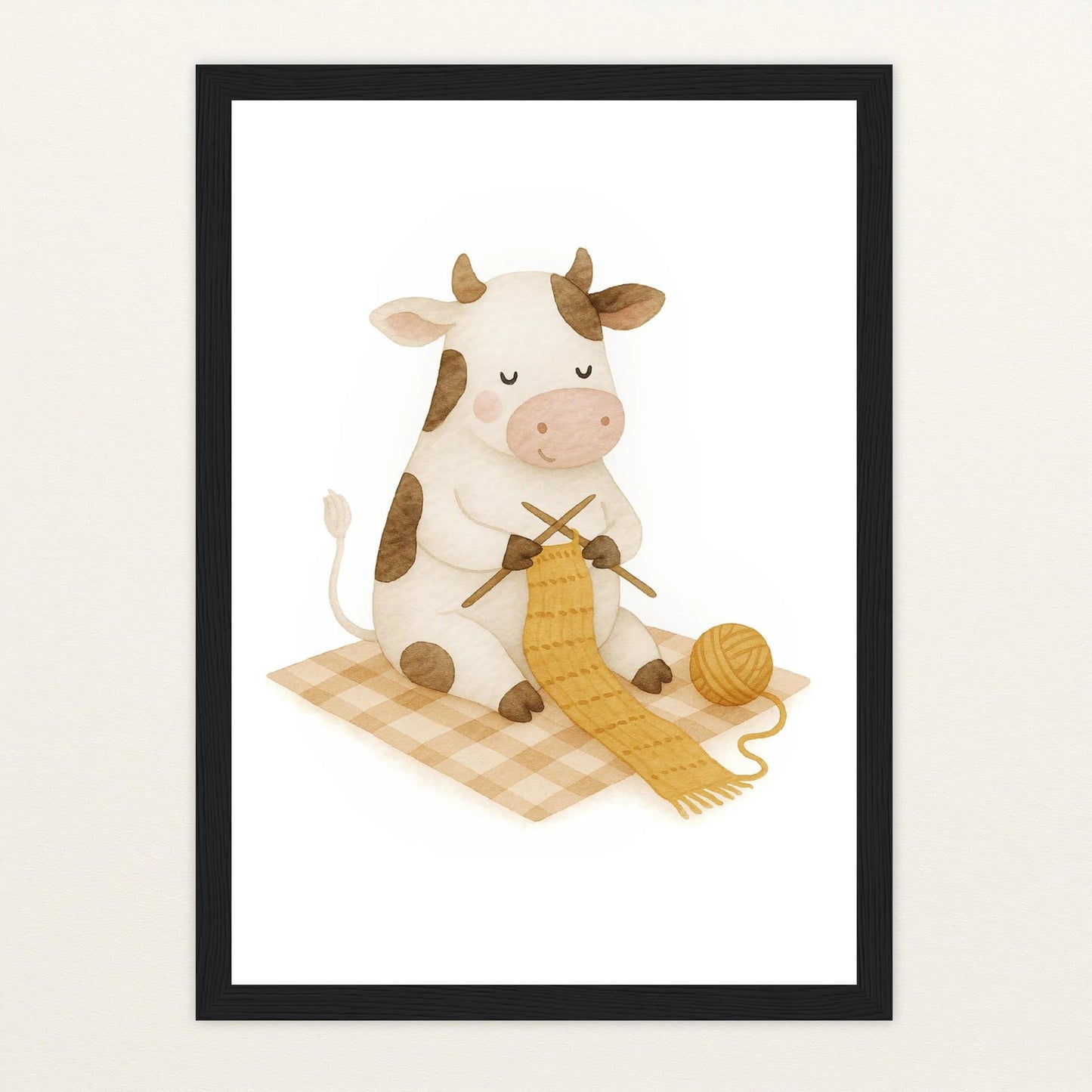 Klara die Kuh - Motiv: "Häkeln" Poster mit Holzrahmen von tinylearner