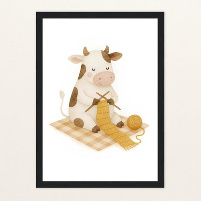 Klara die Kuh - Motiv: "Häkeln" Poster mit Holzrahmen von tinylearner