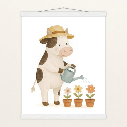 Klara die Kuh - Motiv: "Blumengießen" Poster mit Leisten von tinylearner
