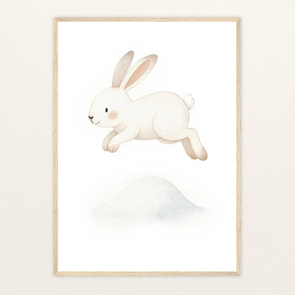 Sina der Schneehase - Motiv: "Schneehügel" Poster mit Holzrahmen von tinylearner