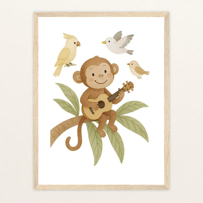 Aki der Affe - Motiv: "Ukulele" Poster mit Holzrahmen von tinylearner