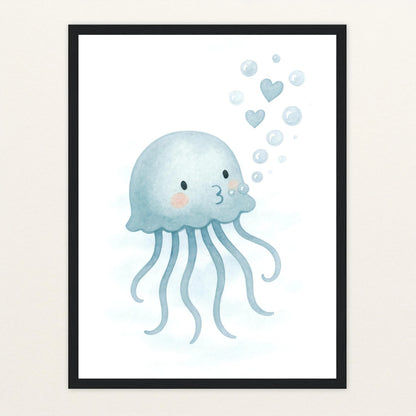 Quinn die Qualle - Motiv: "Luftblasen" Poster mit Holzrahmen von tinylearner