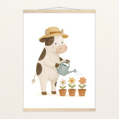 Klara die Kuh - Motiv: "Blumengießen" Poster mit Leisten von tinylearner